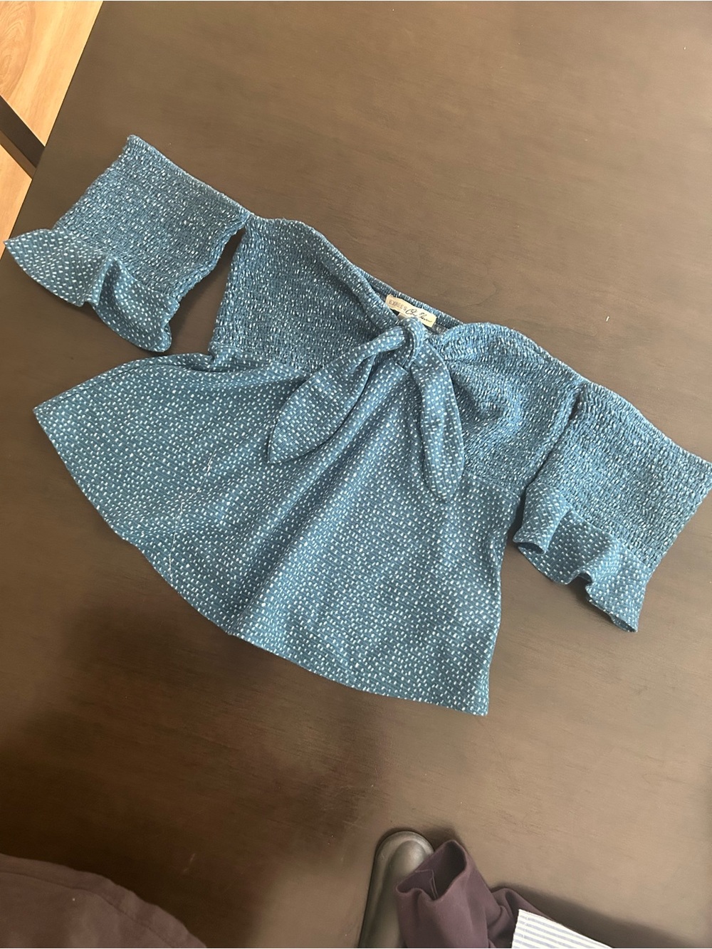 Express Blue Dotted Smocked Tie-Front Off-Shoulder Top